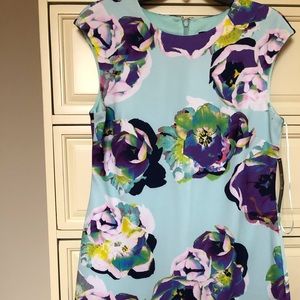 TAHARI Mint green, purple & black flower dress